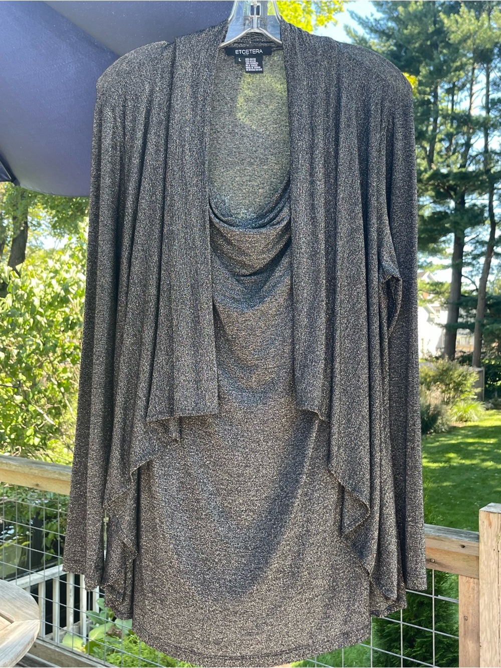 Etcetera Charcoal Metallic Draped Open-Front Cardigan